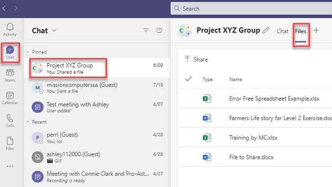 Screenshot of Microsoft Teams with Chat button and Files in Chat