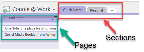 Sections in OneNote showing horizontally at the top