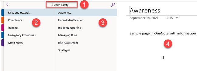 OneNote Best Practices example of sections