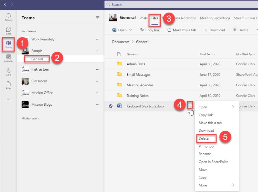 Screenshot of Microsoft Teams with Team, Channel, Files and right click menu to Delete a file