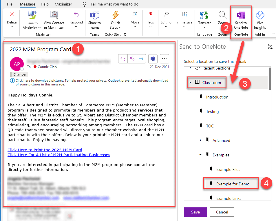 email saved into OneNote from Outlook